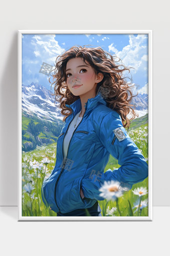 蓝天白云下山花烂漫少女户外风景画