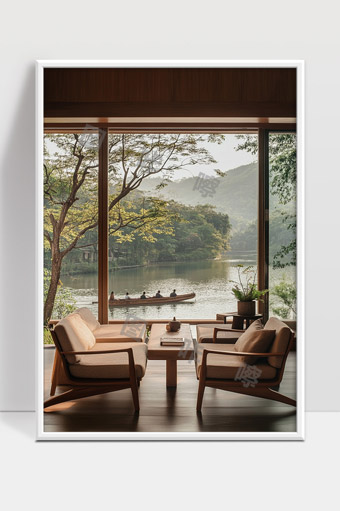 静谧湖畔茶室景致与自然山水和谐共融