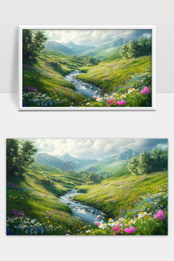 宁静山谷溪流花海春日美丽自然风光