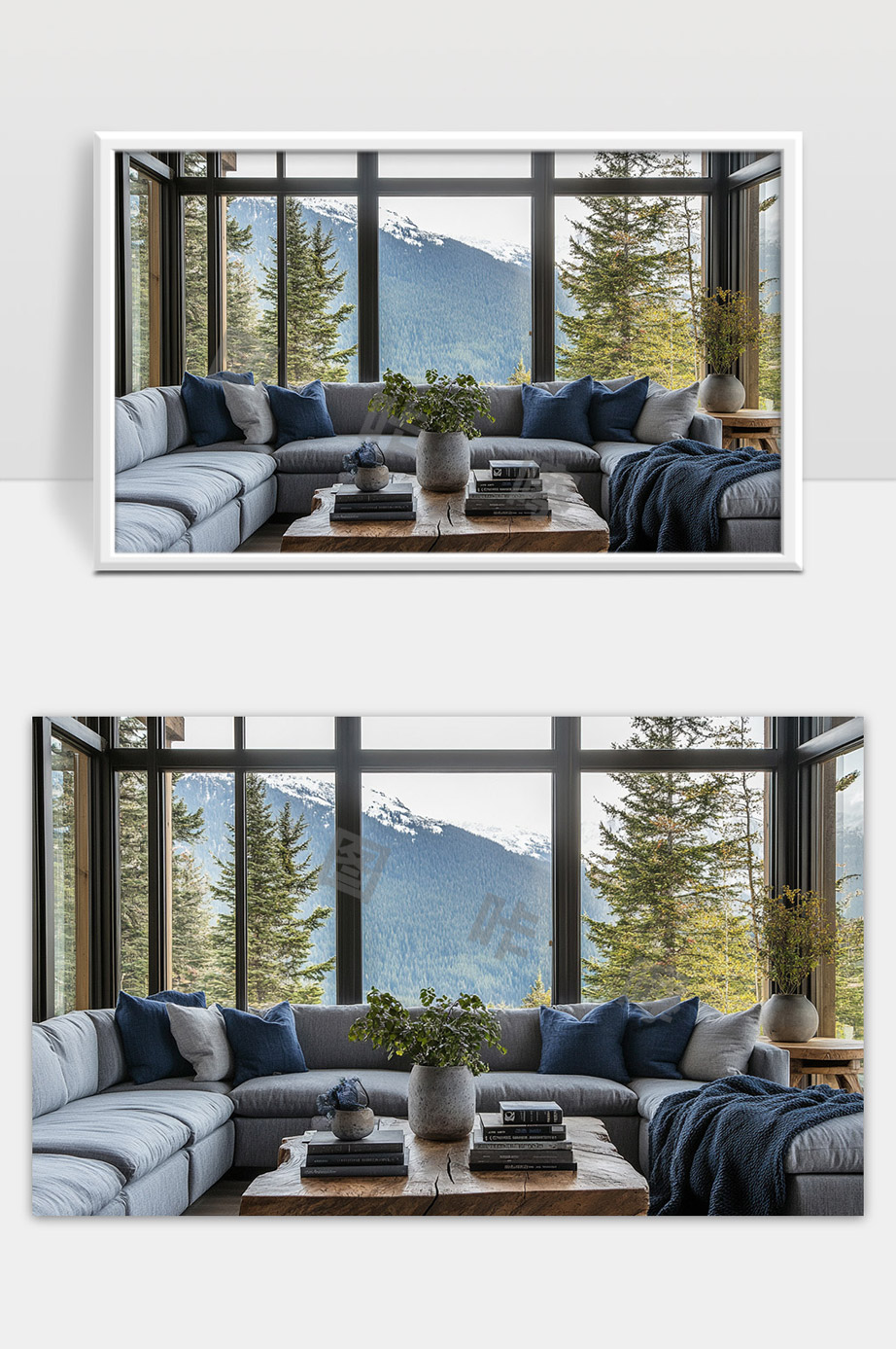 现代简约客厅大窗户设计与自然山景融合