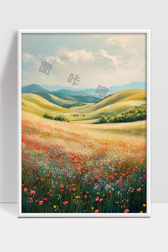 绚丽花海与连绵起伏的绿色山丘风光
