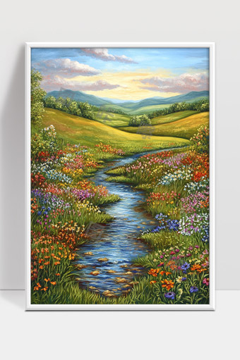 春日山谷溪流花草繁盛美丽自然风光