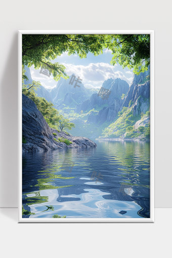 静谧山谷湖泊绿树环绕自然风光唯美画面