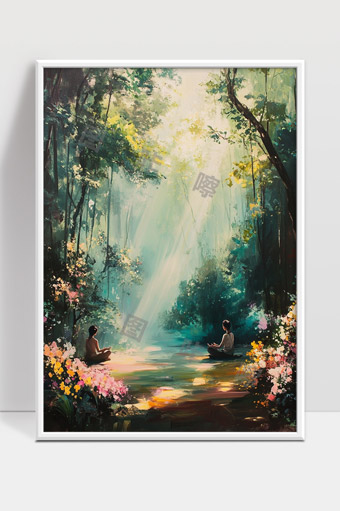 宁静森林中冥想的人们光影交织自然之美