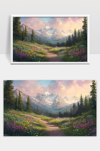 高山花海蜿蜒小径宁静自然风光画面