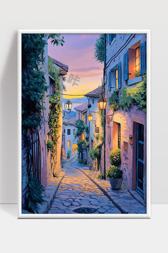 静谧古镇黄昏灯光映照下的石板街道风情