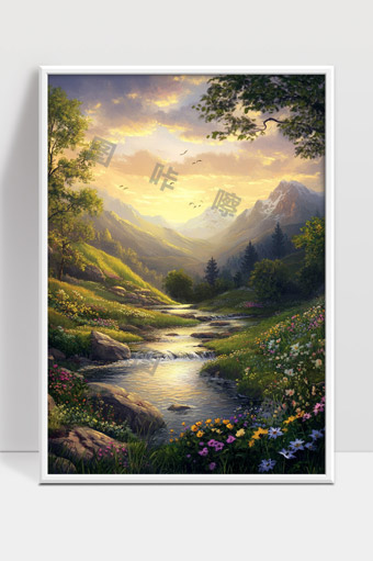宁静山谷清晨溪流花海与远山日出风光画面