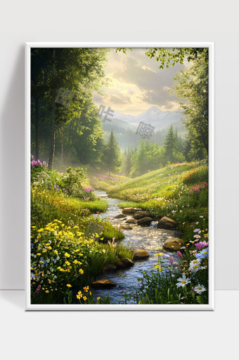清晨阳光洒落静谧山谷溪流花海美景