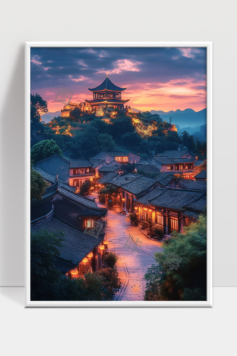 古镇黄昏灯光映衬下的古建筑风貌