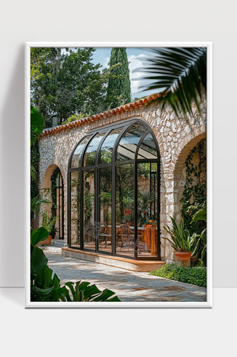 充满绿意的石墙玻璃拱形庭院休闲空间