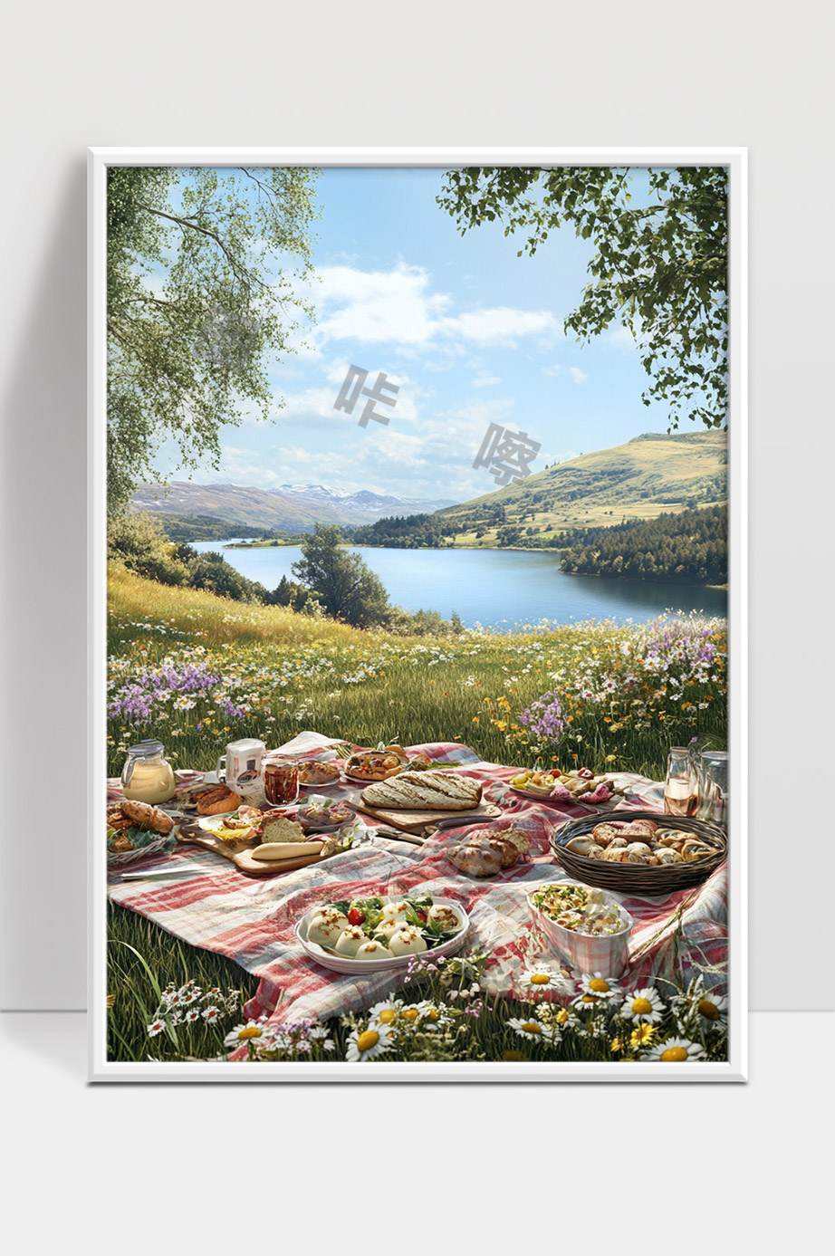 湖畔野餐美景阳光下的春天花海自然风光