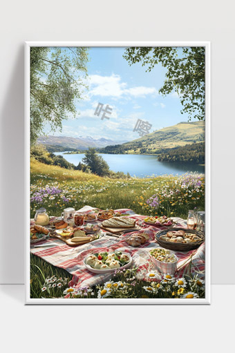 湖畔野餐美景阳光下的春天花海自然风光