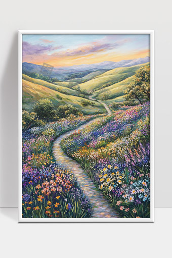 绚丽花海中的蜿蜒小径山谷日落美景