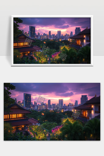 夕阳映照城市古典与现代建筑交融的美丽景色