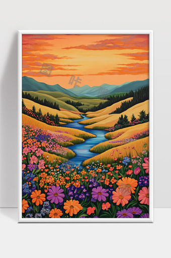夕阳映照下的山谷溪流与花海美景