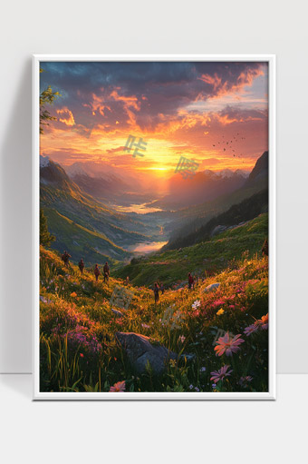 夕阳下壮丽山谷中的远足者与花海美景