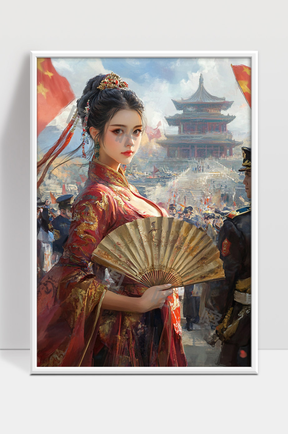 古风宫廷佳人手持折扇国庆盛典场景