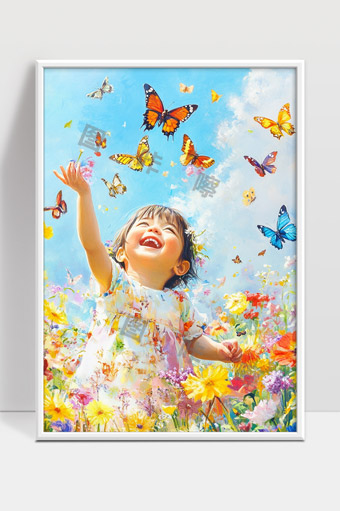 奔跑在花海中追逐蝴蝶的快乐童年时光