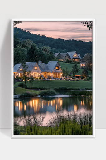 宁静乡村湖畔别墅群夜景美丽景致