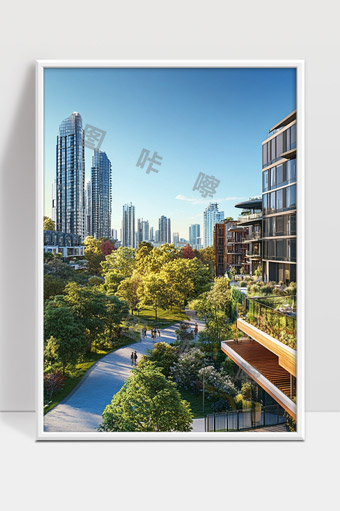 现代城市绿意公园与高层建筑完美融合景观