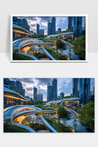 现代城市中的未来主义建筑与绿化环境融合景观