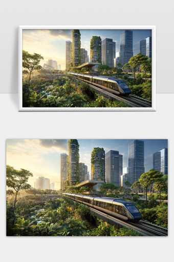 未来绿色城市中的现代高架列车与生态建筑景观