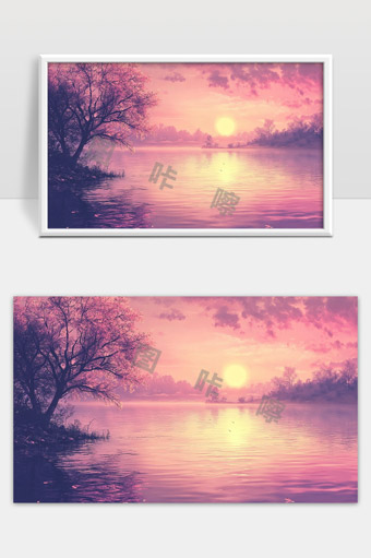 粉色夕阳下宁静湖畔樱花树与水面倒影美景