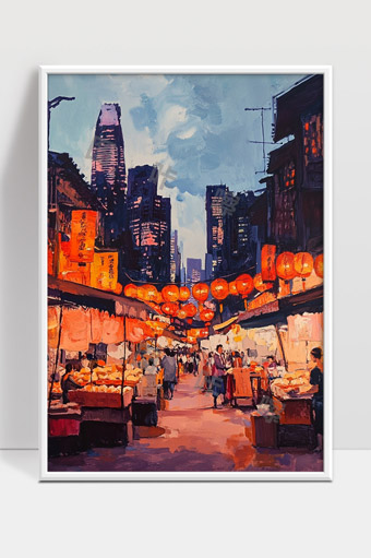 繁华市井夜市街景写意画现代都市生活场景