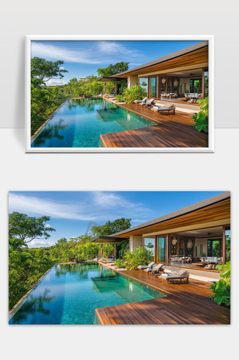 热带花园旁豪华别墅无边泳池度假休闲场所