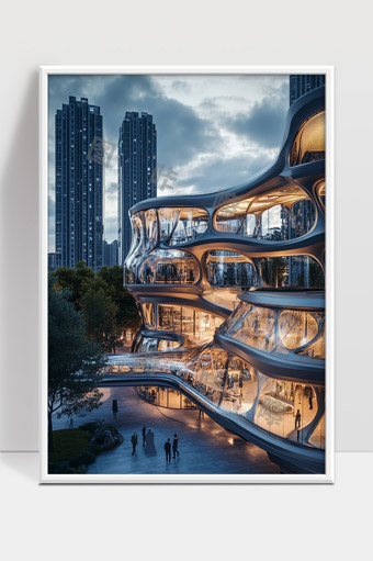 未来感曲线玻璃建筑城市夜景现代都市生活