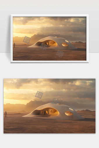 荒漠中光影环绕未来感曲线形建筑静谧自然风光