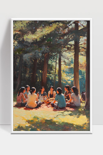 森林中阳光洒落下的年轻人聚会场景