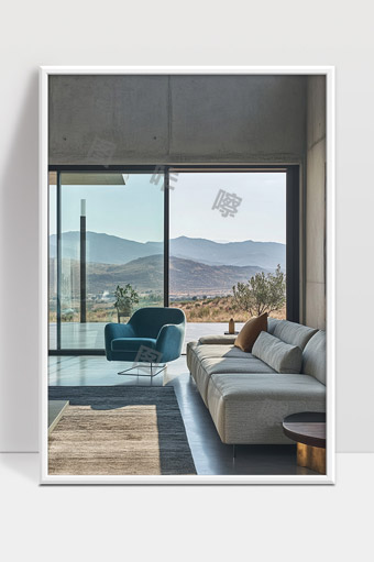 简约现代客厅大窗户远眺山景自然光静谧空间