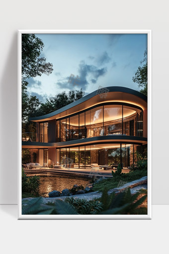 现代别墅玻璃幕墙曲线造型自然环境结合