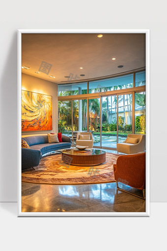 现代风格宽敞明亮客厅园景大窗户舒适沙发