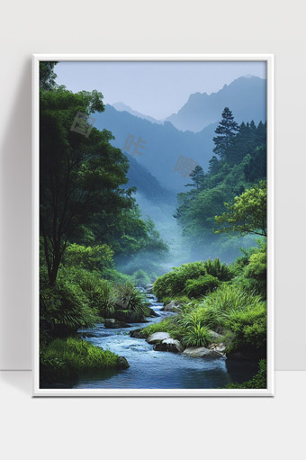 青山绿水溪流环绕的宁静森林风光
