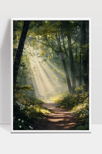 阳光穿透森林小径洒落宁静自然美景