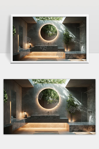 现代极简风格浴室设计自然光影与绿植融合之美