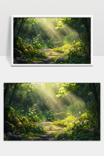 阳光洒落幽静森林小径绿意盎然花草繁盛