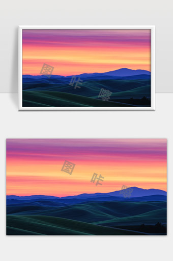 夕阳映照下起伏连绵的青翠山丘和远山剪影