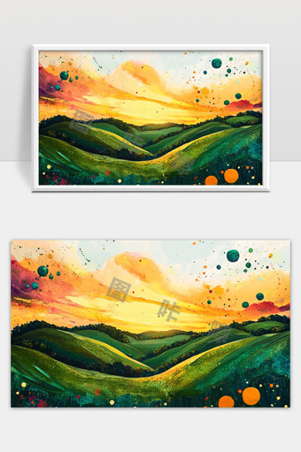 夕阳照耀下美丽起伏绿色山丘的梦幻风景画