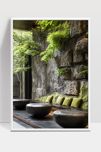 自然绿意融合的室内石墙休闲空间设计