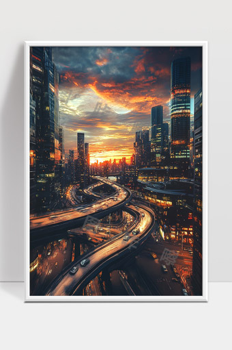 夕阳映照城市现代立交桥与高楼夜景繁华风光