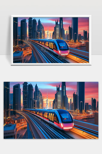 现代城市高架轨道列车穿梭繁华都市晚霞景象