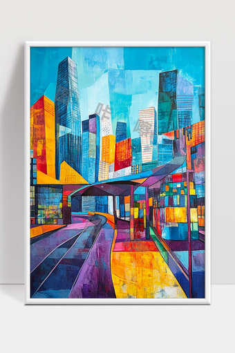 色彩斑斓的现代城市高楼与立交桥夜景画作