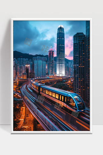 现代城市夜景高架轨道列车穿越繁华都市风光