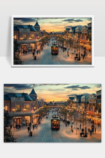 黄昏时分繁华街道电车穿梭市井烟火人群熙攘景象