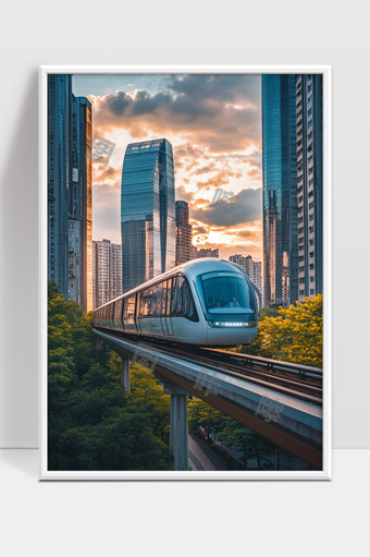 现代城市轨道交通高架列车穿越繁华商务区景象