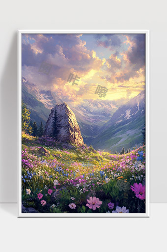 夕阳映照下的绚丽山谷花海和远山美景