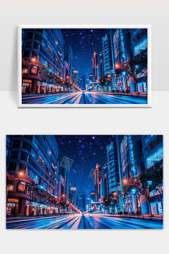 星空下璀璨都市夜景现代建筑光轨魅力